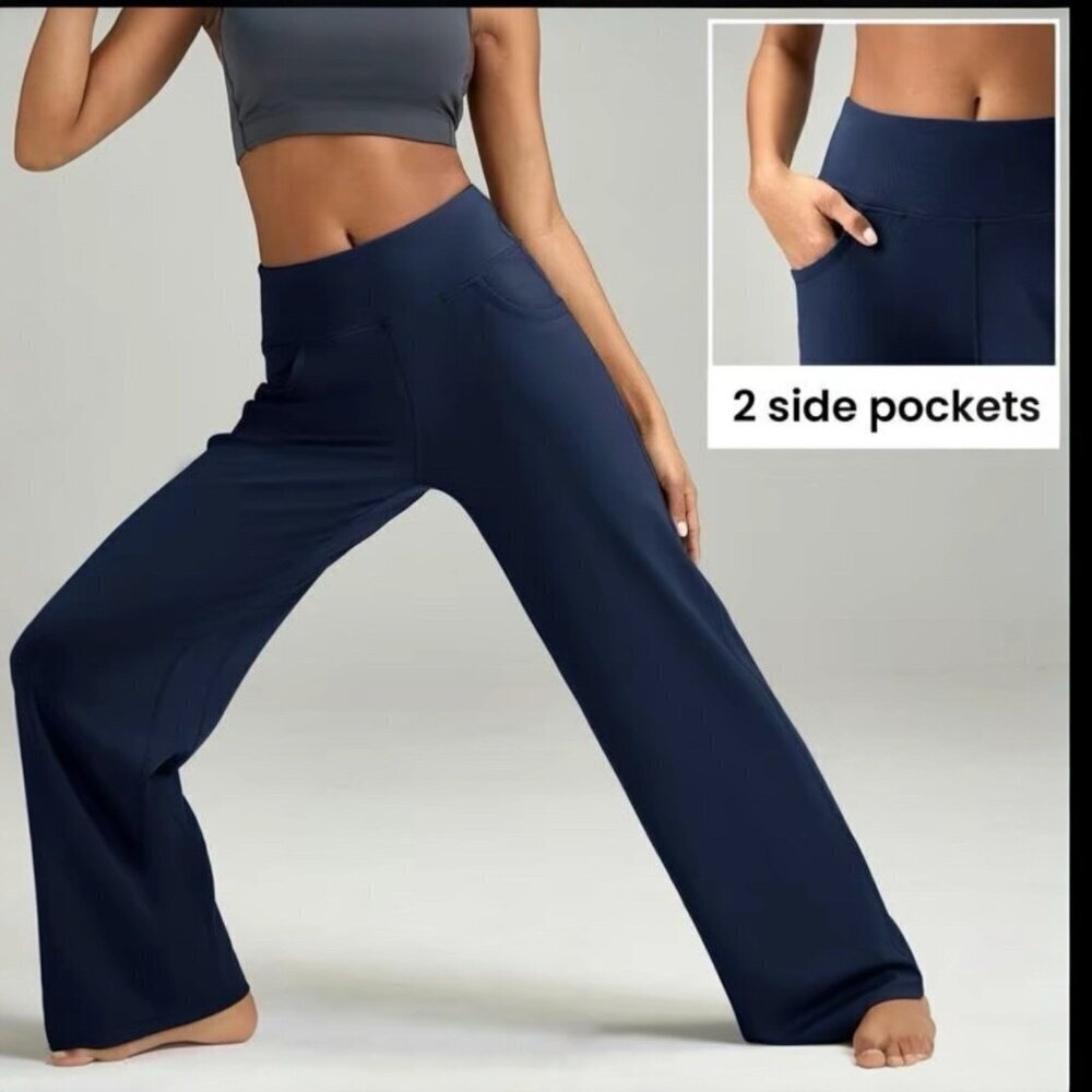 ESoft High Waisted Loose Wide Leg Pants XL 28” Inseam Work Dress Blue Pockets